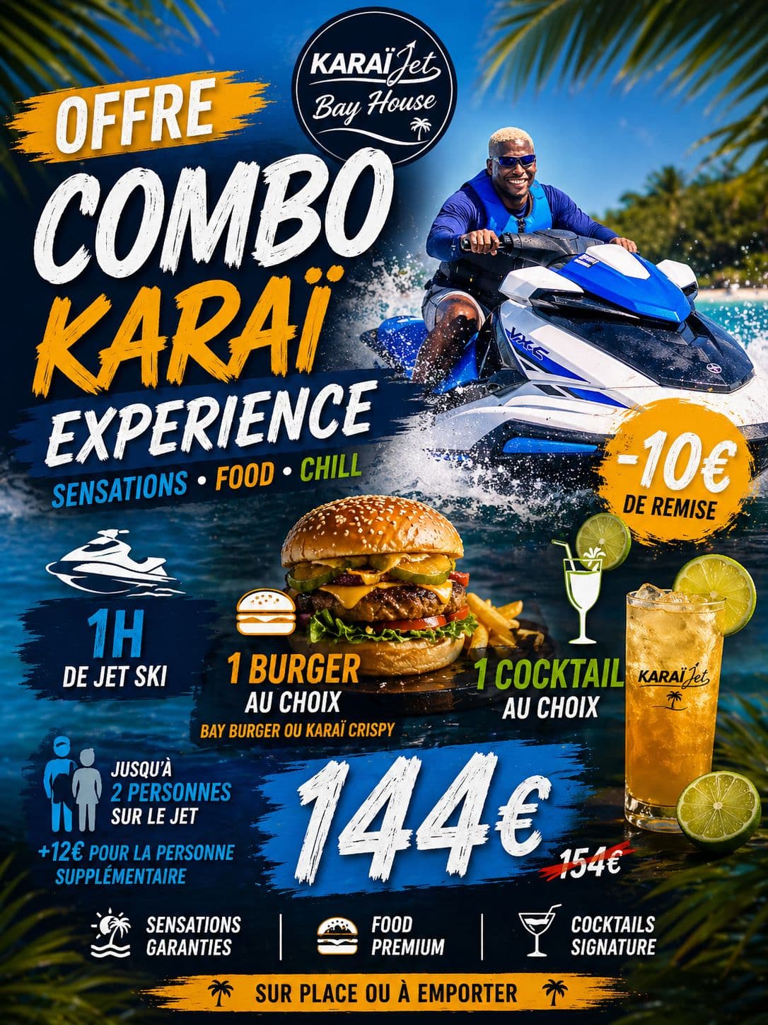 Offre Combo Karaï Experience – Jet Ski + Burger + Cocktail