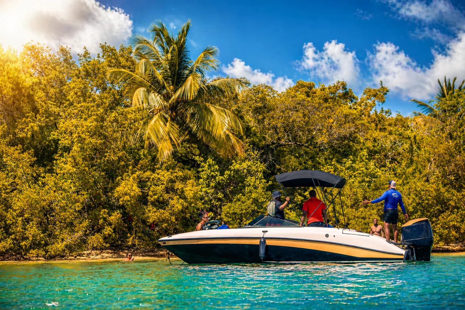 Bateau face à une plage paradisiaque en Guadeloupe